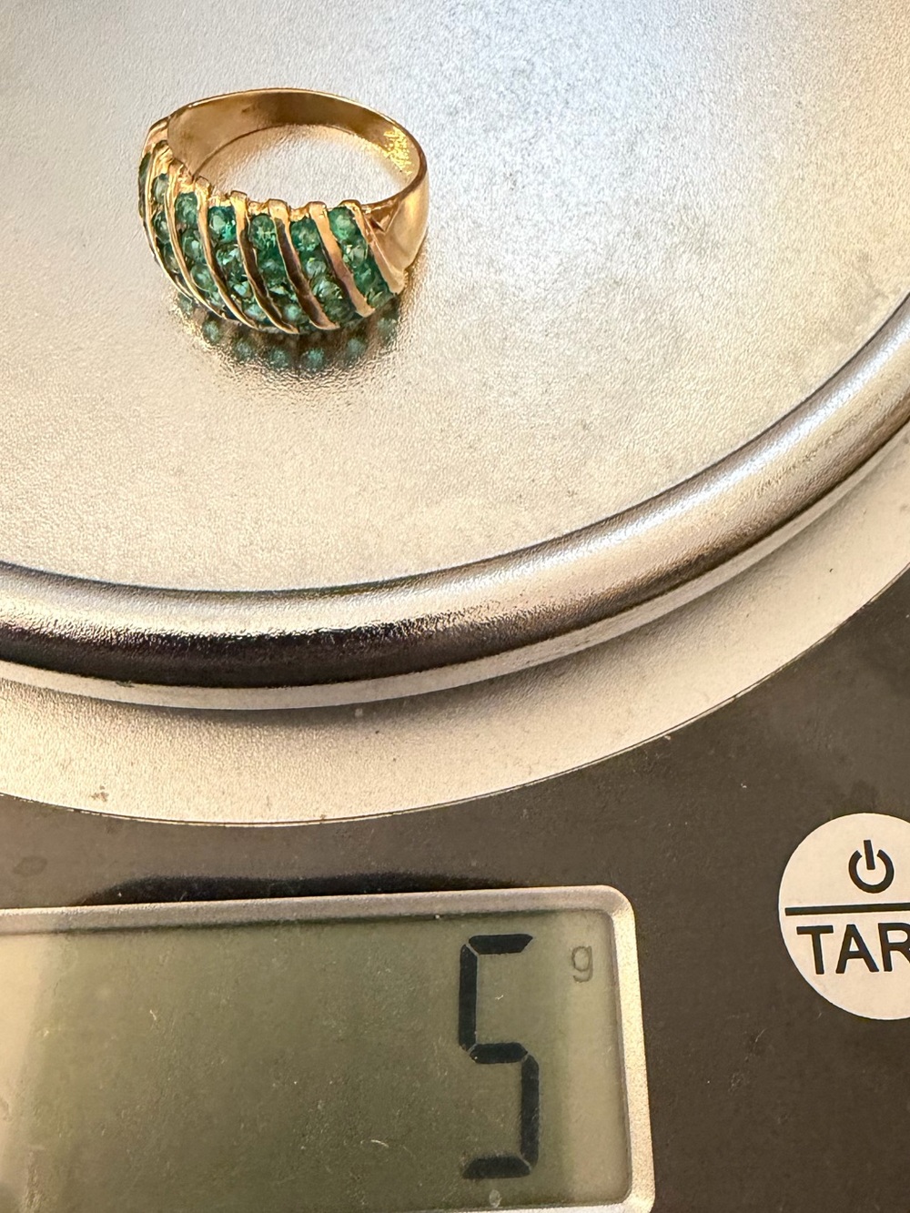 Gold and Emerald channel set Dome / Bombe Ring